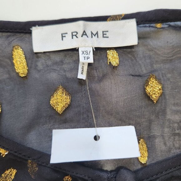 FRAME NWT Shirred Keyhole Top Womens XS in Noir Metallic Gold Sheer Lightweight - Picture 7 of 11